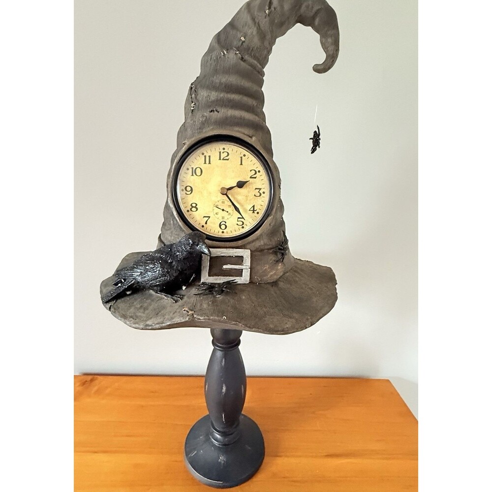 Grandin Road Witch Hat Halloween Clock w/ Pedestal Retired NEW No Box Crow